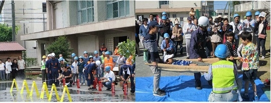 写真:学区の自主防災訓練と防災会の自主防災訓練の風景