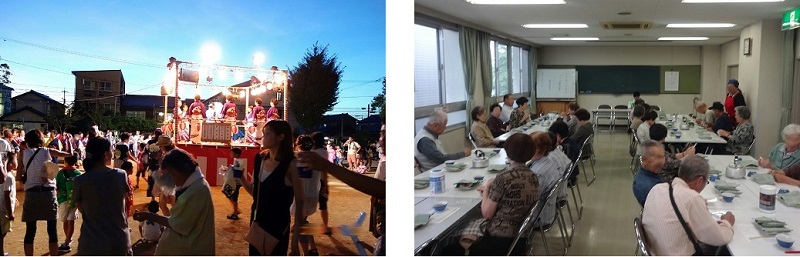 写真:(左)盆踊りの様子。(右)ふれあい給食会の様子。