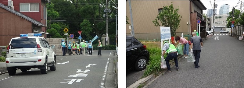 写真:(左)防犯パトロールの様子。(右)清掃活動の様子。