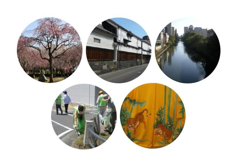 写真:上段左より「庄内緑地(春)」、「四間道」、「堀川」。下段左より「クリーンキャンペーン」、「名古屋友禅」の写真を丸型に切り取り、西区の「W」の文字をイメージして配置したもの