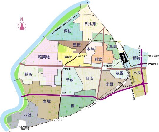 中村区を学区ごとに色分けした地図