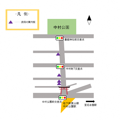 地図:「武将の案内板」の設置場所