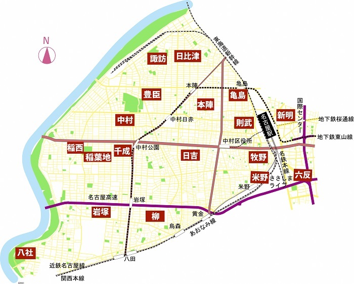 中村区地図に17館のコミュニティセンターを配置した地図