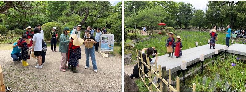 写真:花つみっ子の衣装を着て写真撮影をしている様子
