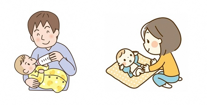 おむつ替え、授乳をしているイラスト