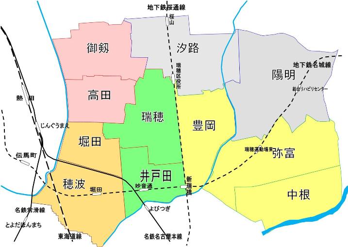 瑞穂区の学区割の地図
