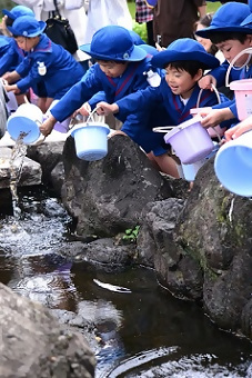 写真：メダカを放流する園児さんたち