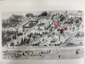 写真：熱田宮図コピーに「ならずの梅」の場所に印をつけたもの