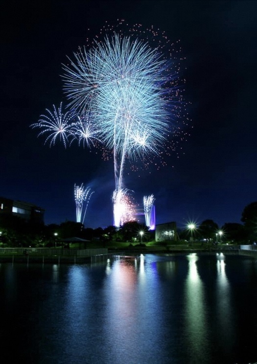 写真：川の向こうに見える花火