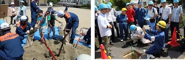 左の写真は昨年の総合水防訓練での土のう作り体験の様子、右の写真は地下式給水栓実演の様子