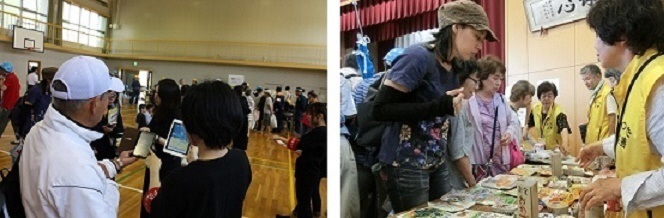 左の写真は昨年の総合水防訓練での名古屋市防災アプリの紹介の様子、右の写真は非常持ち出し品の説明の様子の画像