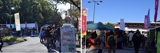 写真：昨年の熱田神宮公園と金山総合駅南口広場でのマルシェの様子