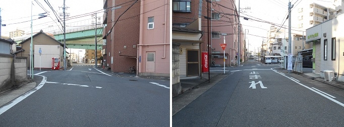 写真：普通貨物車進行方向　自転車進行方向