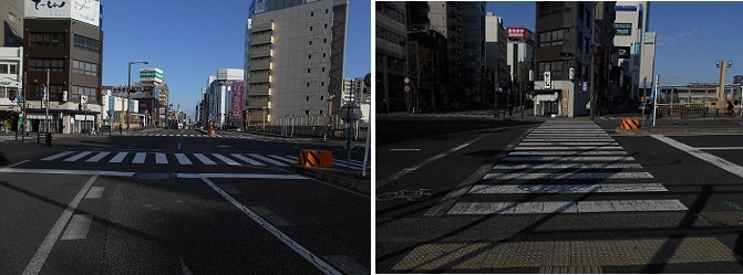 写真：中型貨物車進行方向　歩行者進行方向