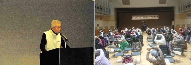 写真：挨拶される伊野会長　みんなそろってストレッチ