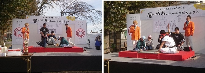 写真：第一回あつた競技カルタ決勝戦の様子　カルタ番長との対戦の様子