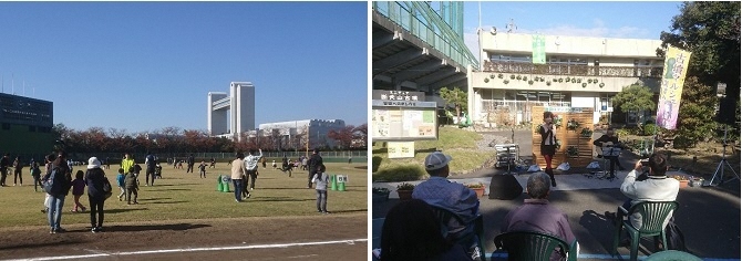 写真：キャッチボール教室の様子　古墳マルシェステージの様子