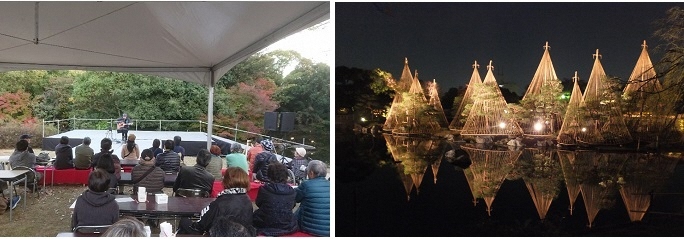 写真：白鳥マルシェステージの様子　白鳥庭園ライトアップの様子