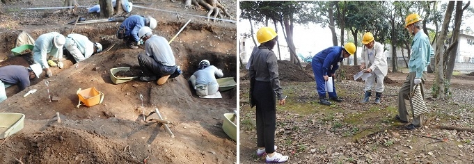 写真：発掘作業のようす　この石の下に石室が埋まっています