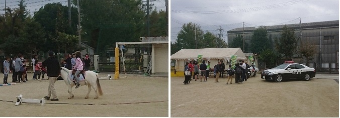 写真：ポニーにまたがりぐるりと一周　白バイ乗車もできます