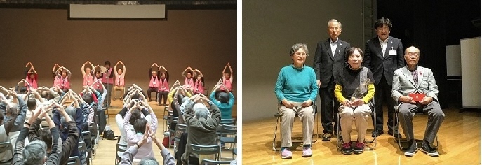 写真：みんなで健康体操を実演　代表の方へ景品を贈呈