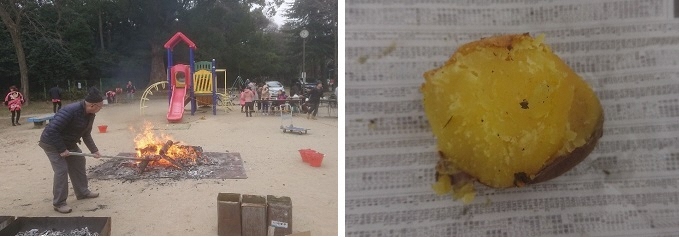 写真：燃え上がる「どんど焼き」の炎　灰で焼き上げたホカホカの焼き芋