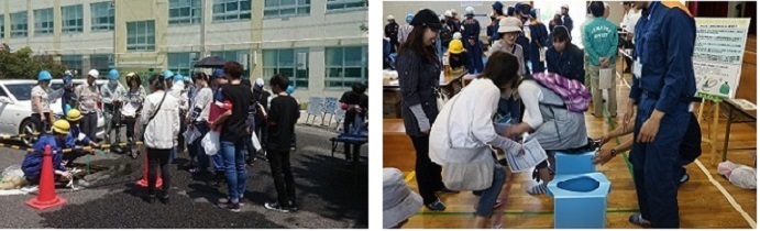 写真：地下式給水栓実演　災害時トイレ展示