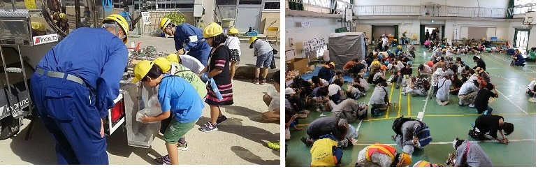 写真：小学生の応急給水訓練の様子　体育館でのシェイクアウト訓練の様子