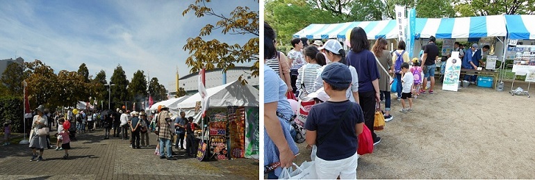 写真：「君まちストリート」の様子　上下水道局「金鯱水」ブースは長蛇の列