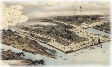 写真：江戸時代の熱田白鳥地区（木曽式伐木運材図会　安政3年（1856））（中部森林管理局）