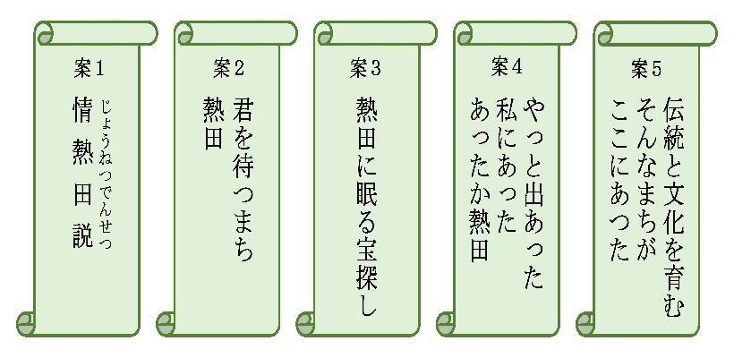 イラスト:案1「じょうねつでんせつ」、案2「きみをまつまち あつた」、案3「あつたにねむるたからさがし」、案4「やっとであった わたしにあった あったかあつた」、案5「でんとうとぶんかをはぐくむ そんなまちがここにあつた」