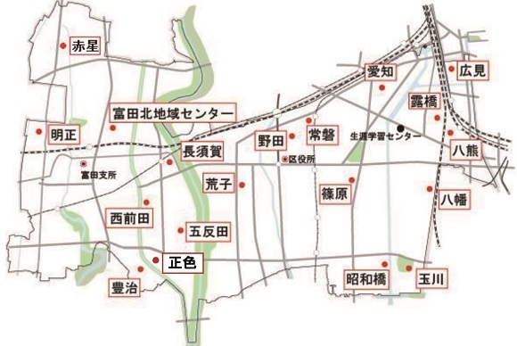 中川区内のコミュニティセンターなどの位置を表した地図
