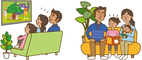 イラスト：家族でテレビを見たり本を読んでいる