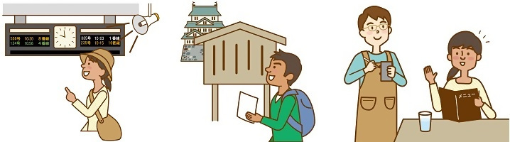 イラスト：日本語での案内や看板、メニューがわかる