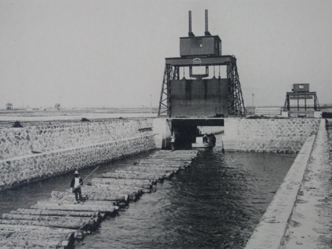 写真:貯木場へ木材を搬出入する当時の様子