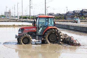 写真:代かきを行うトラクター