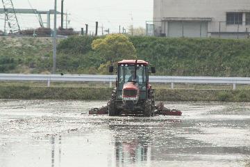写真:水を張った水田の代かきを行うトラクター