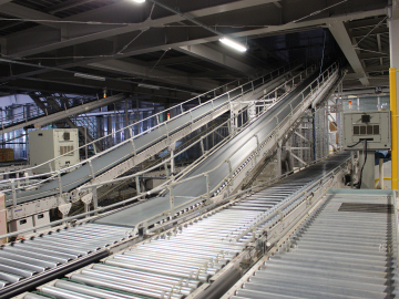 写真：商品の入庫から仕分け、出庫まで一体化した機械化がされています。