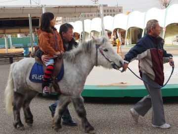 写真：ミニチュアホースの乗馬体験をする子ども