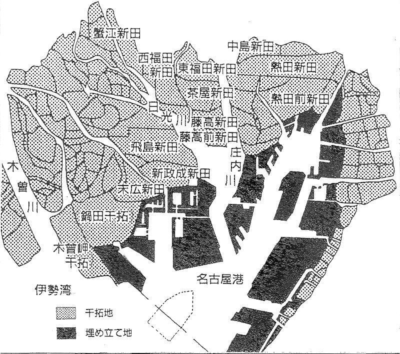 地図:伊勢湾北部の「埋立地」と「干拓地」