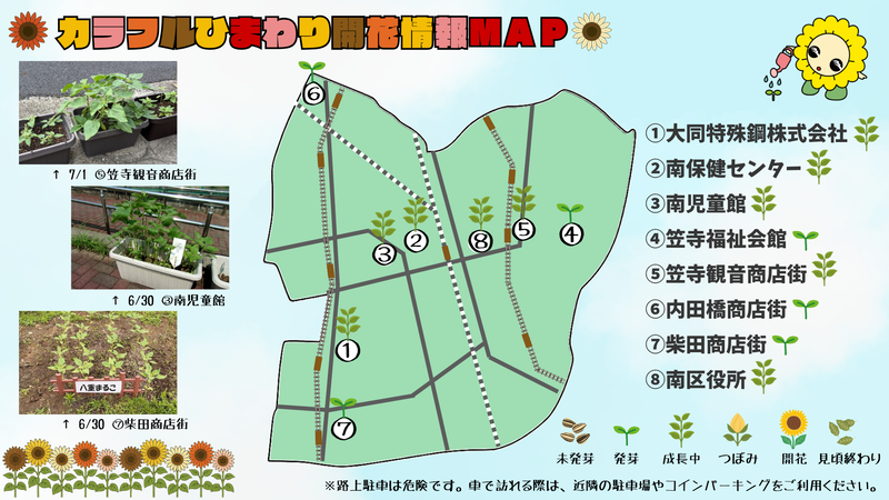 南区内でカラフルひまわりを育てている場所の地図