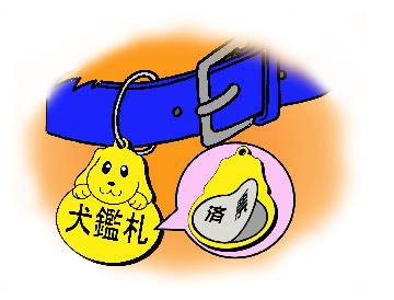 済票を貼りつけた鑑札を、犬の首輪に付けているイラスト