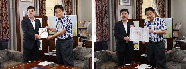 写真：本州建設株式会社様から市長に目録を手渡す様子と市長から感謝状を贈呈している様子