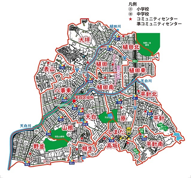 天白区内を17学区に区分した地図