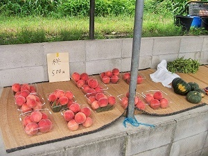 写真：浅井朝市で桃が売られている様子