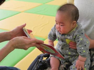 写真：ブックスタートで本を見ている赤ちゃんです