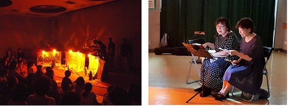 写真：マリオネットを操る一期一会のメンバーと朗読の光本さん、若原さん