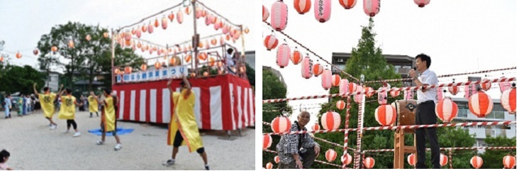 写真：やぐらの前でのパフォーマンスの様子と区長のあいさつの様子です