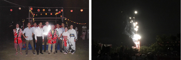 写真：やぐらの前での集合写真と花火です