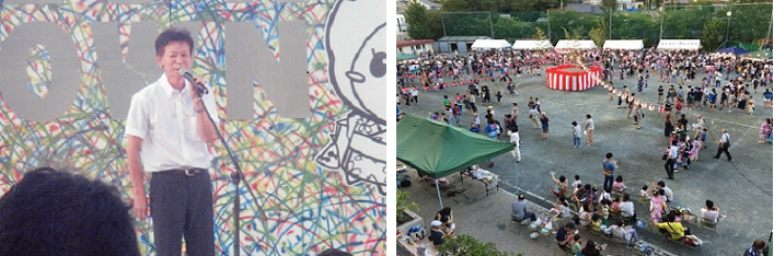 区長のあいさつの様子と夏まつり会場の全体写真